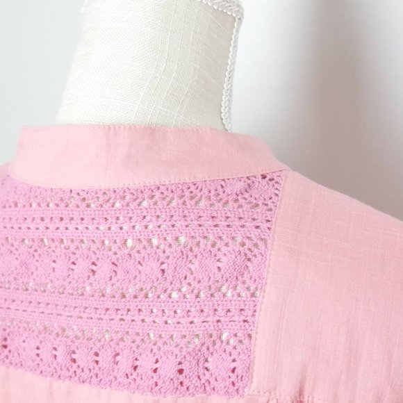 Free People Pink Button Up Short Sleeve Top w/ Gathered Waist Crochet Back Small - Picture 8 of 10